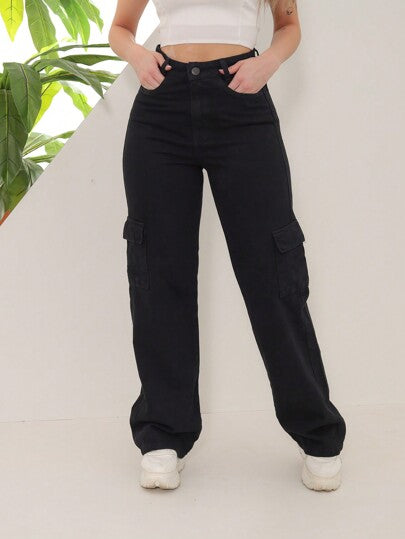 Calça Cargo Feminina Preta Sarja Pantalona