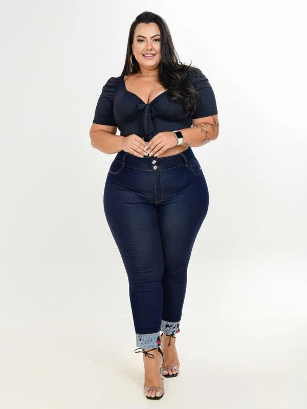 Calça Jeans Plus Size Feminina Flare Cintura Alta