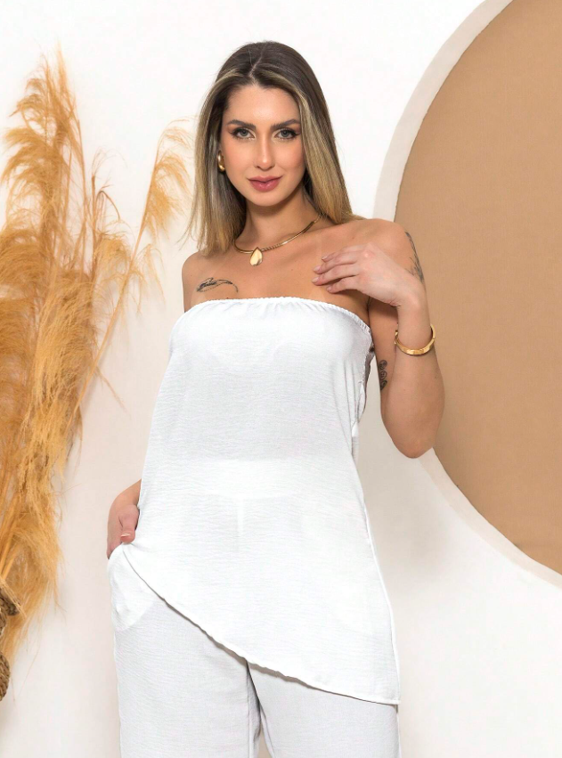 Conjunto Blusa Tomara Que Caia e Calça Pantalona Alfaiataria Duna