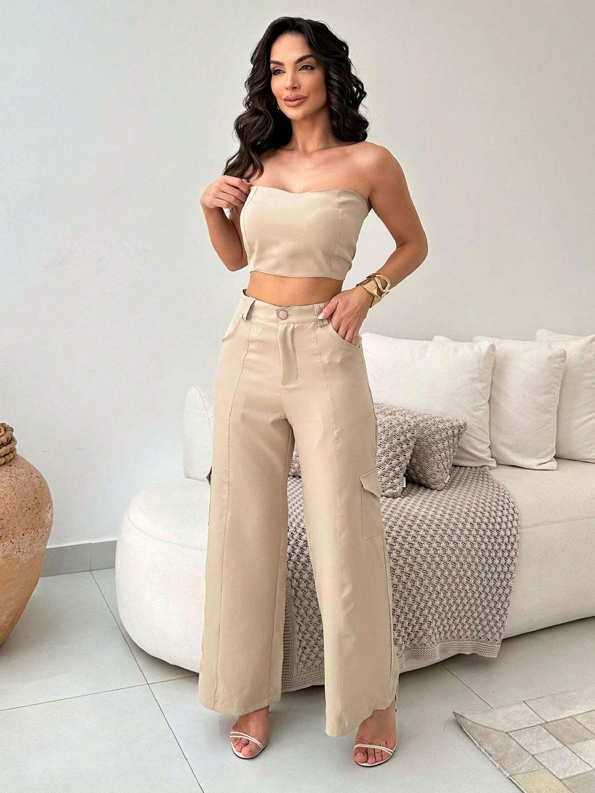 Conjunto Alfaiataria Feminino Top e Calca Cargo Exclusive