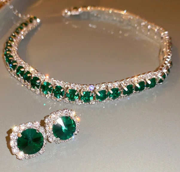 Conjunto de Joias - Colar e Brinco - Pedras Verde Diamante 11