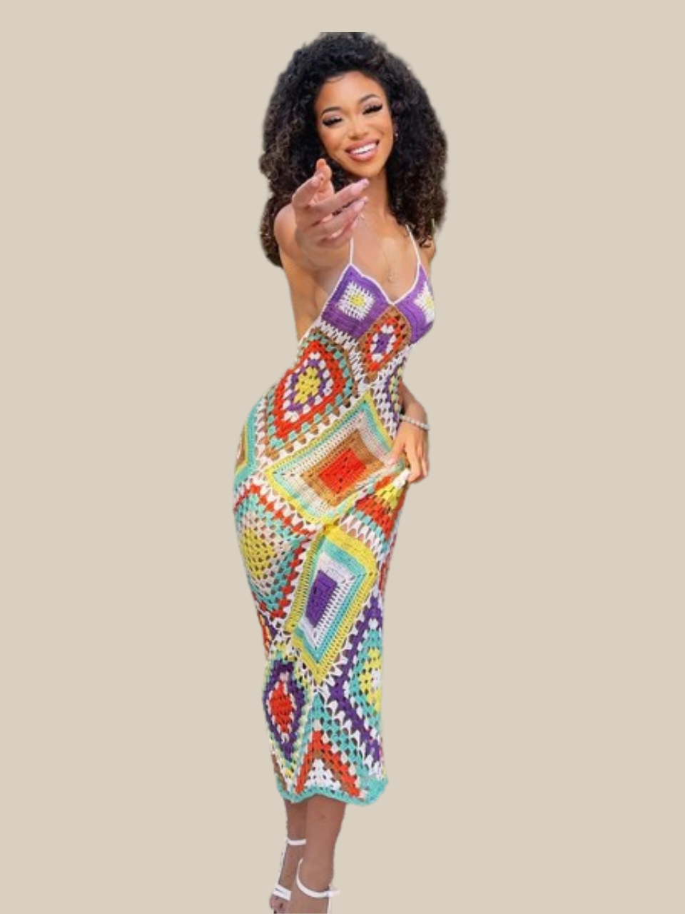 Vestido de Crochê Feminino Midi Colorido Moda