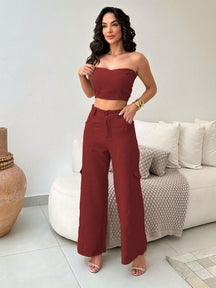 Conjunto Alfaiataria Feminino Top e Calça Cargo Exclusive