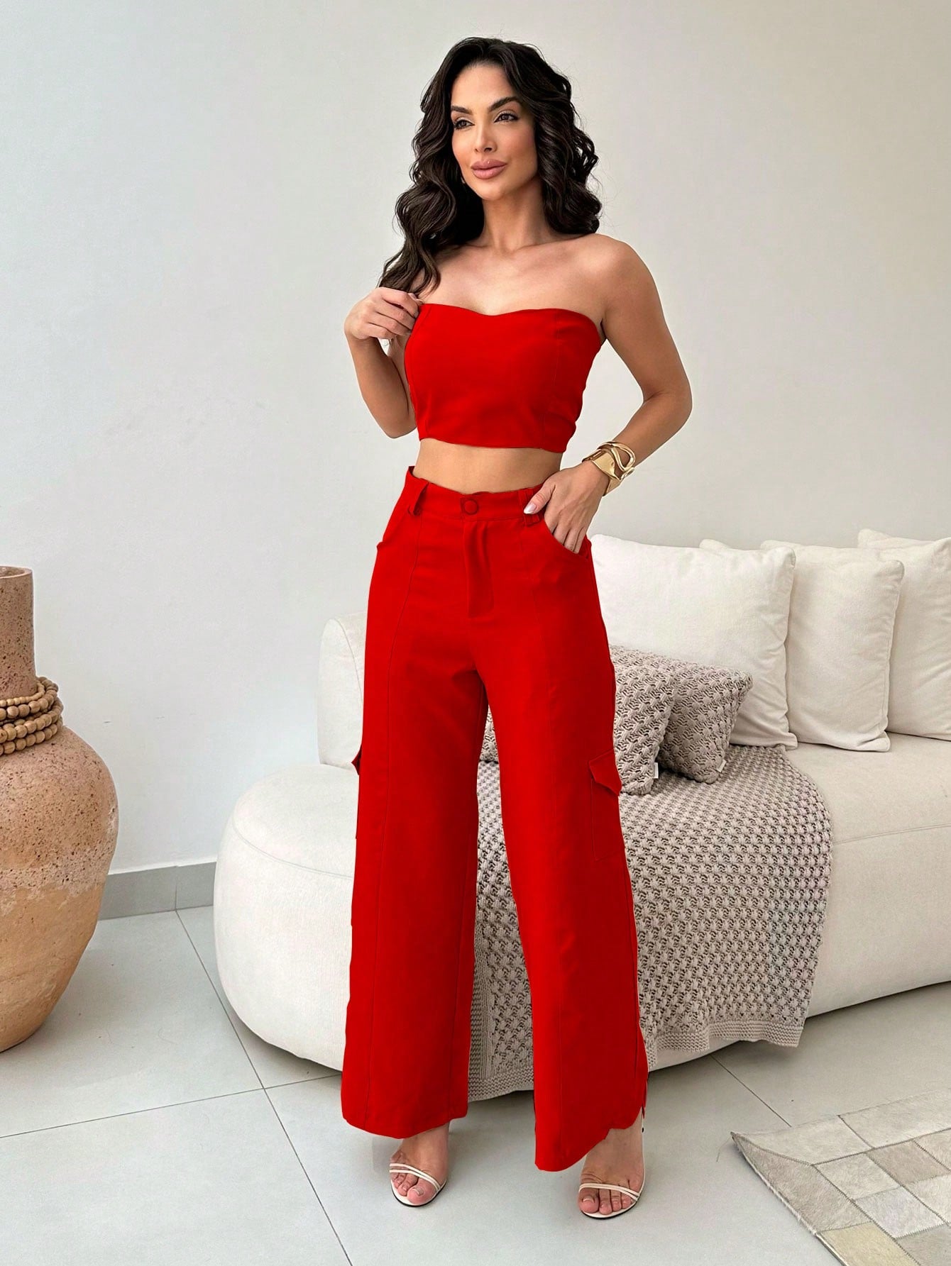Conjunto Alfaiataria Feminino Top e Calça Cargo Exclusive
