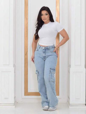 Calça Cargo Feminina Azul Claro Jeans Brenda 4