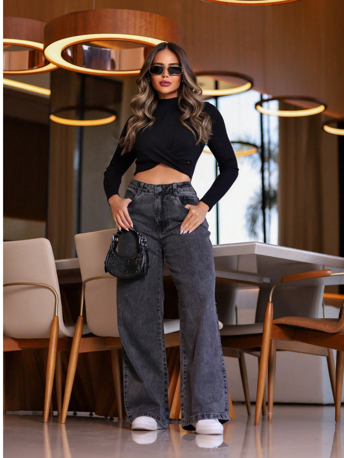 Calça Cargo Feminina Preta Jeans Soltinha Atenas 1