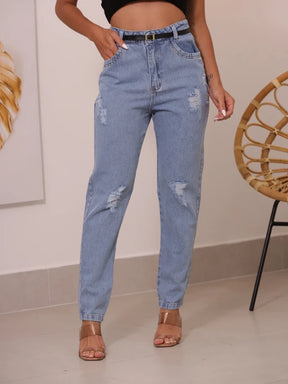 Calça Jeans Rasgada Feminina Com Cinto Lucy 1