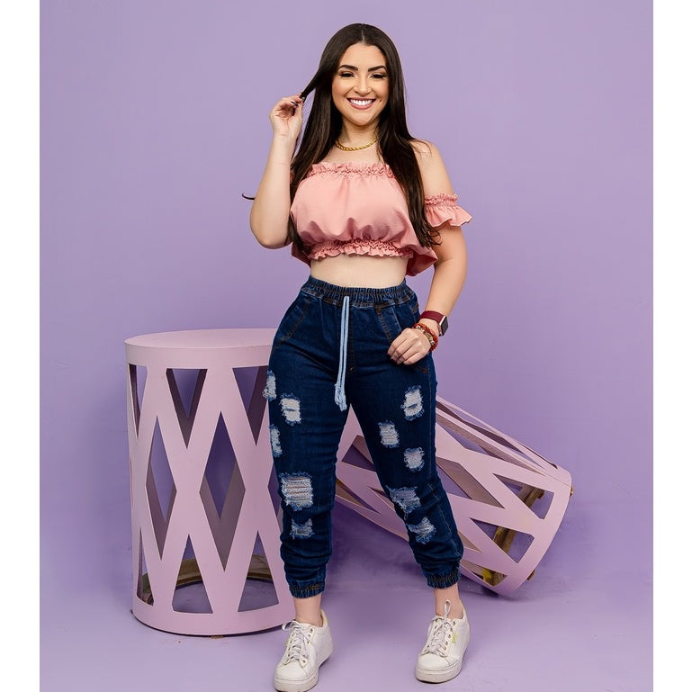 Calca Jeans Jogger Feminina Cintura Alta Lys